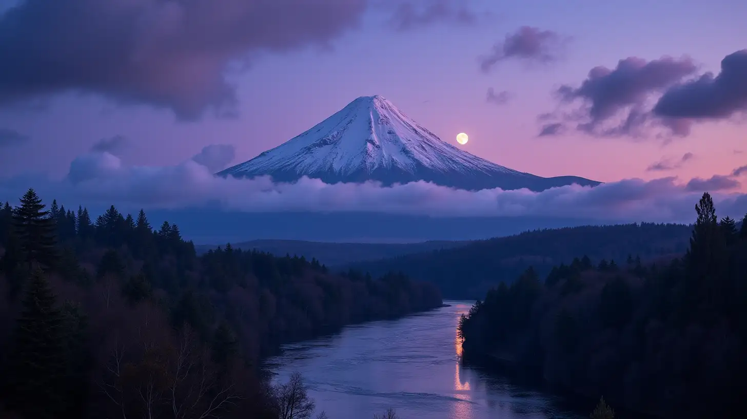 Cotopaxi Volcano Amidst Snowy Rainforest and River Under Purple Sky