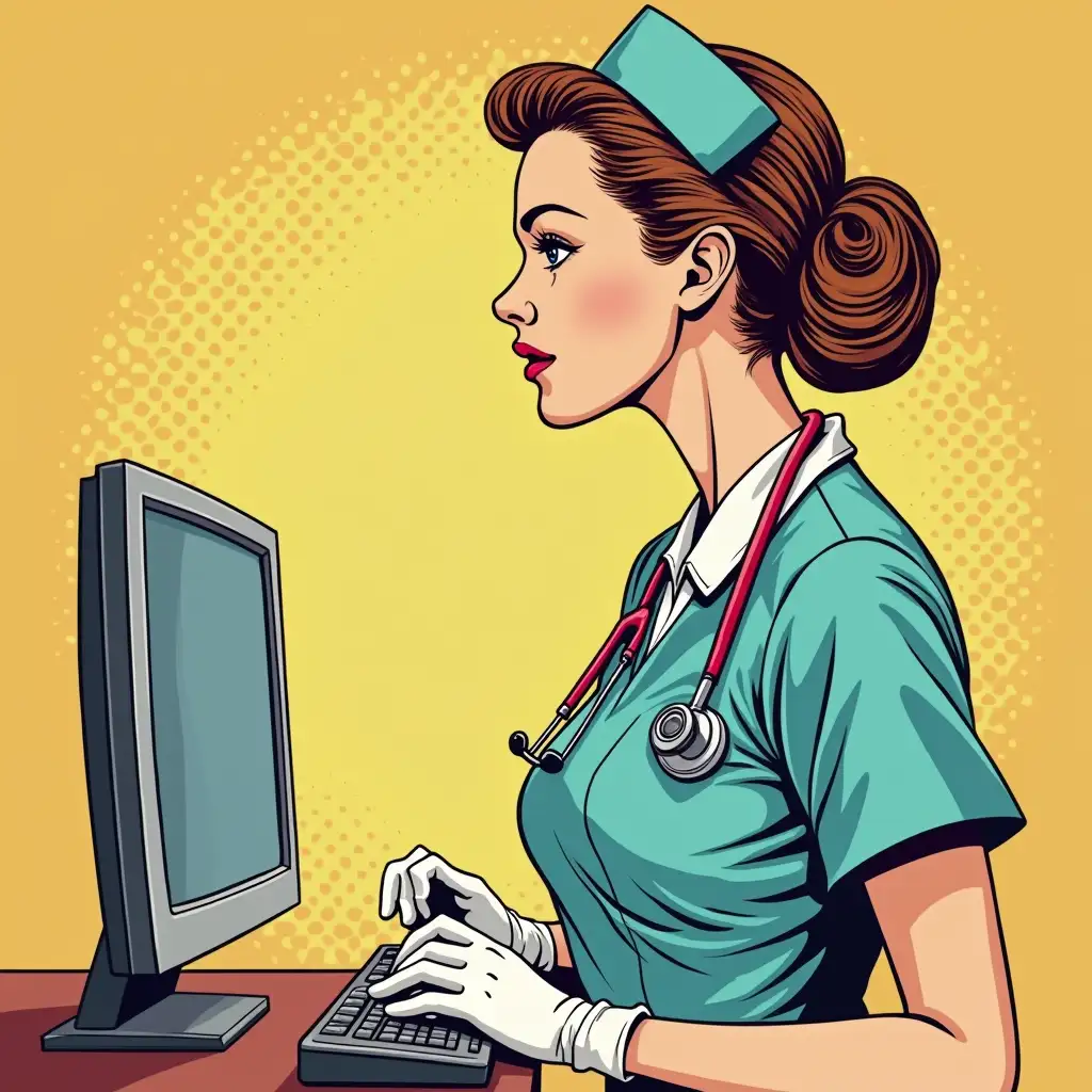 nurse with computer in pop art style