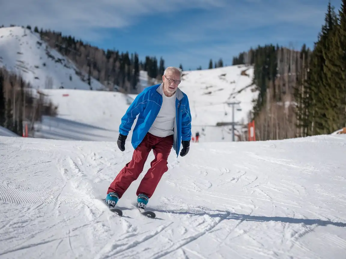 Grandfather-Skiing-on-Mountain-Looking-at-Camera-Without-Glasses