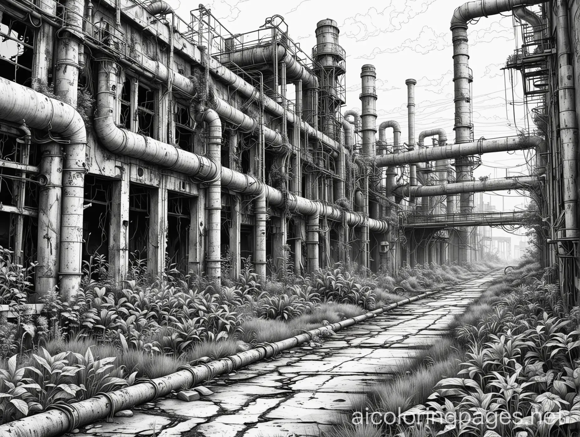 Abandoned-Ruined-Factory-Overgrown-with-Plants-Coloring-Page