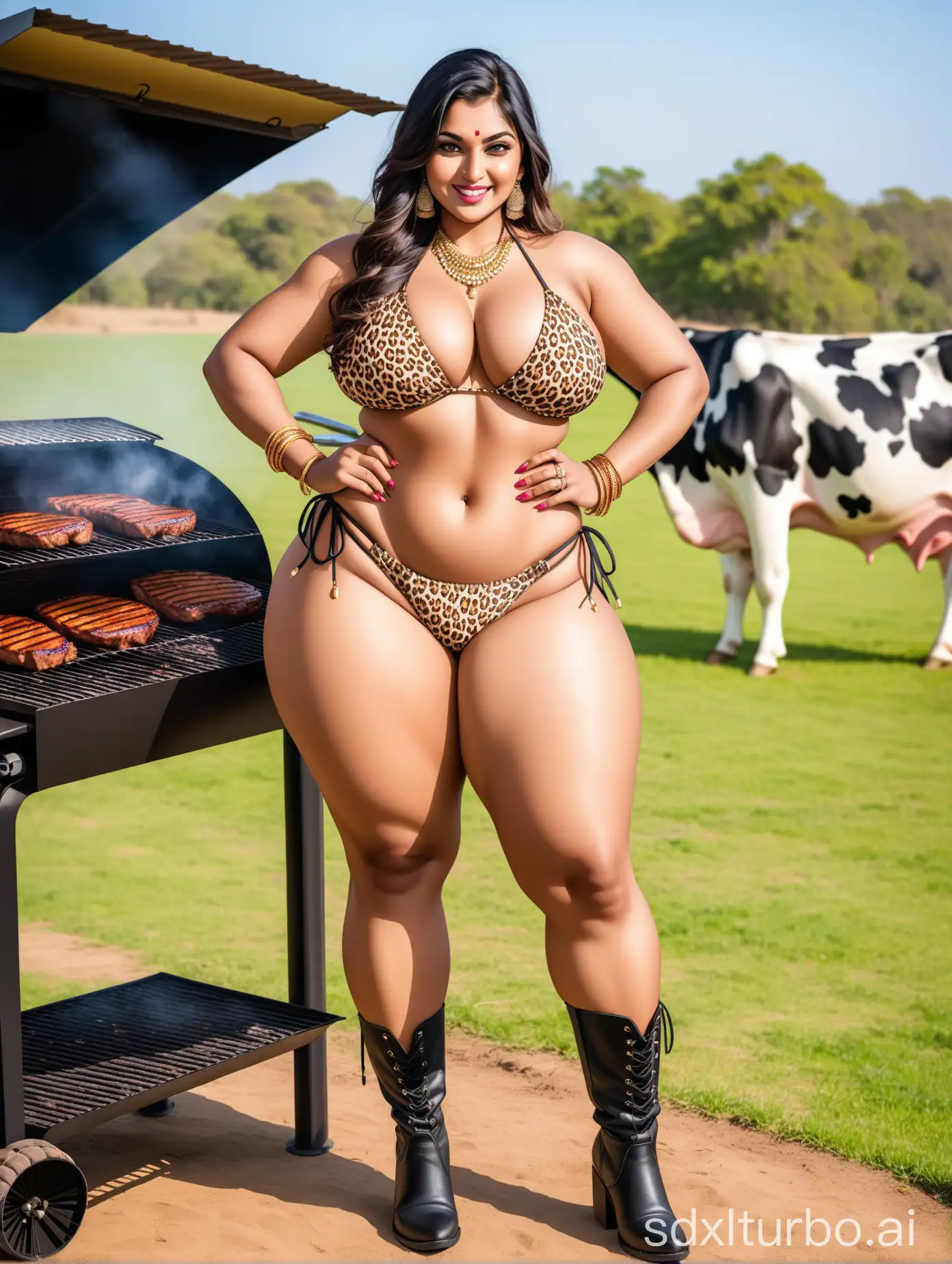 Curvy-Indian-Woman-in-Leopard-Bikini-Posing-with-Barbecue-Grill-and-Grazing-Cows