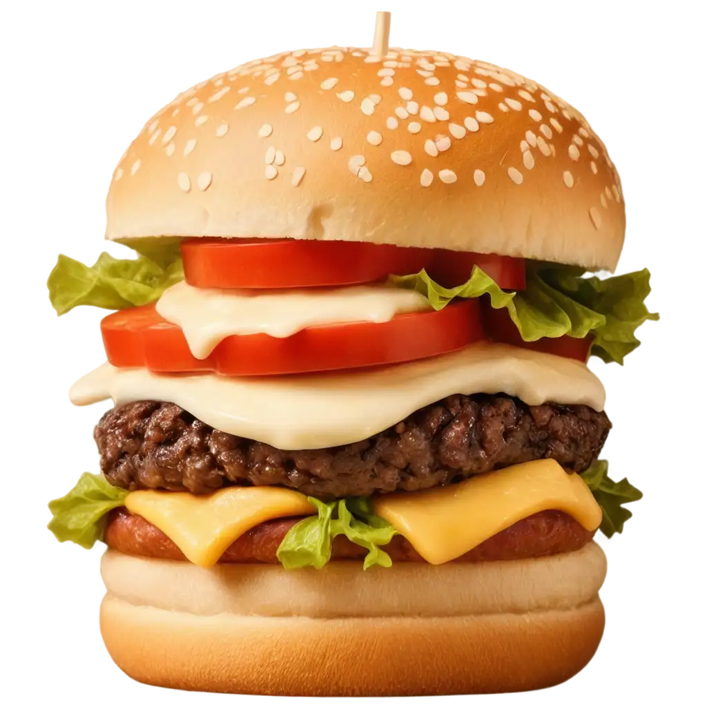 A highly detailed, photorealistic hamburger with a toasted sesame seed bun, crisp lettuce, juicy tomato slices, melted cheese dripping over a thick beef patty, and a hint of mayo. The burger is perfectly centered on a plain, gradient background transitioning from light golden yellow at the top to creamy white at the bottom. Shadows and highlights emphasize its freshness and texture, making it visually appealing. No additional food or items in the background.