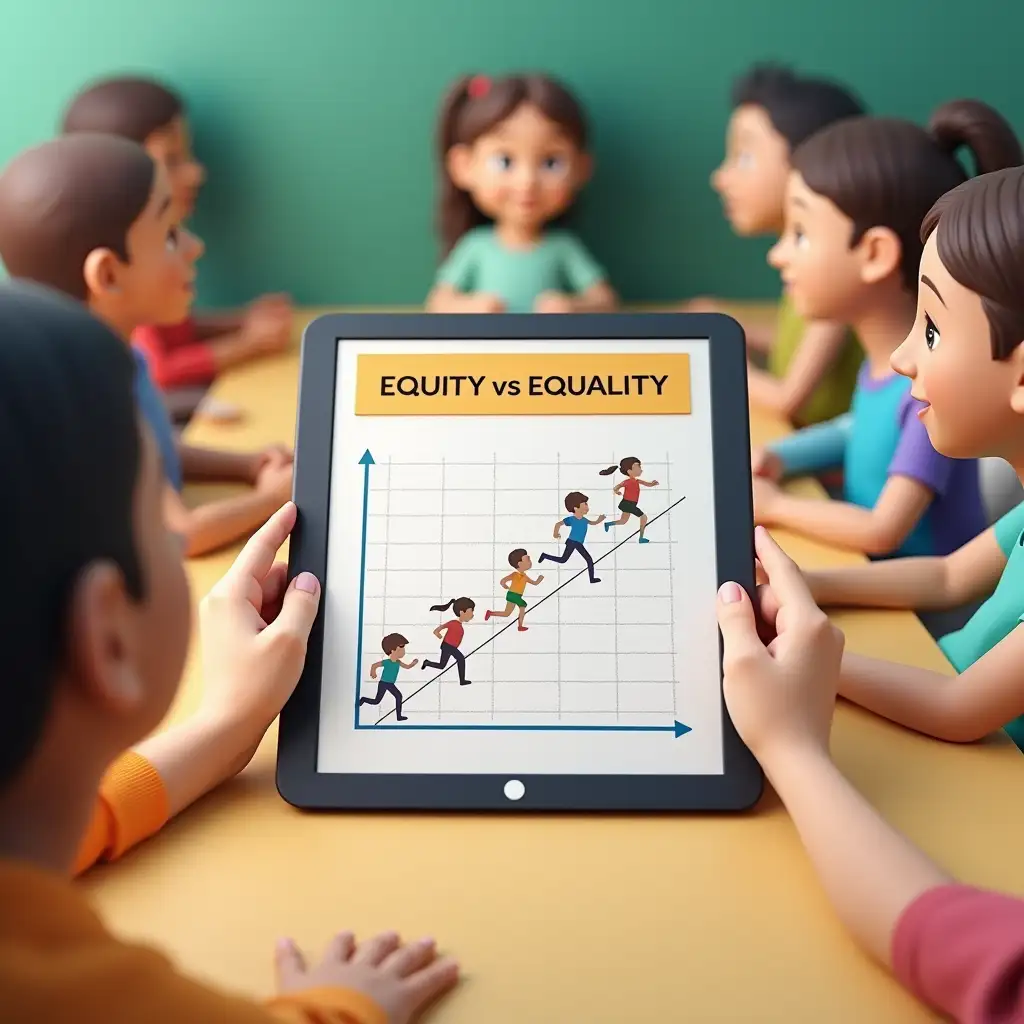 Diverse Classroom Scene with Equity vs Equality Graph