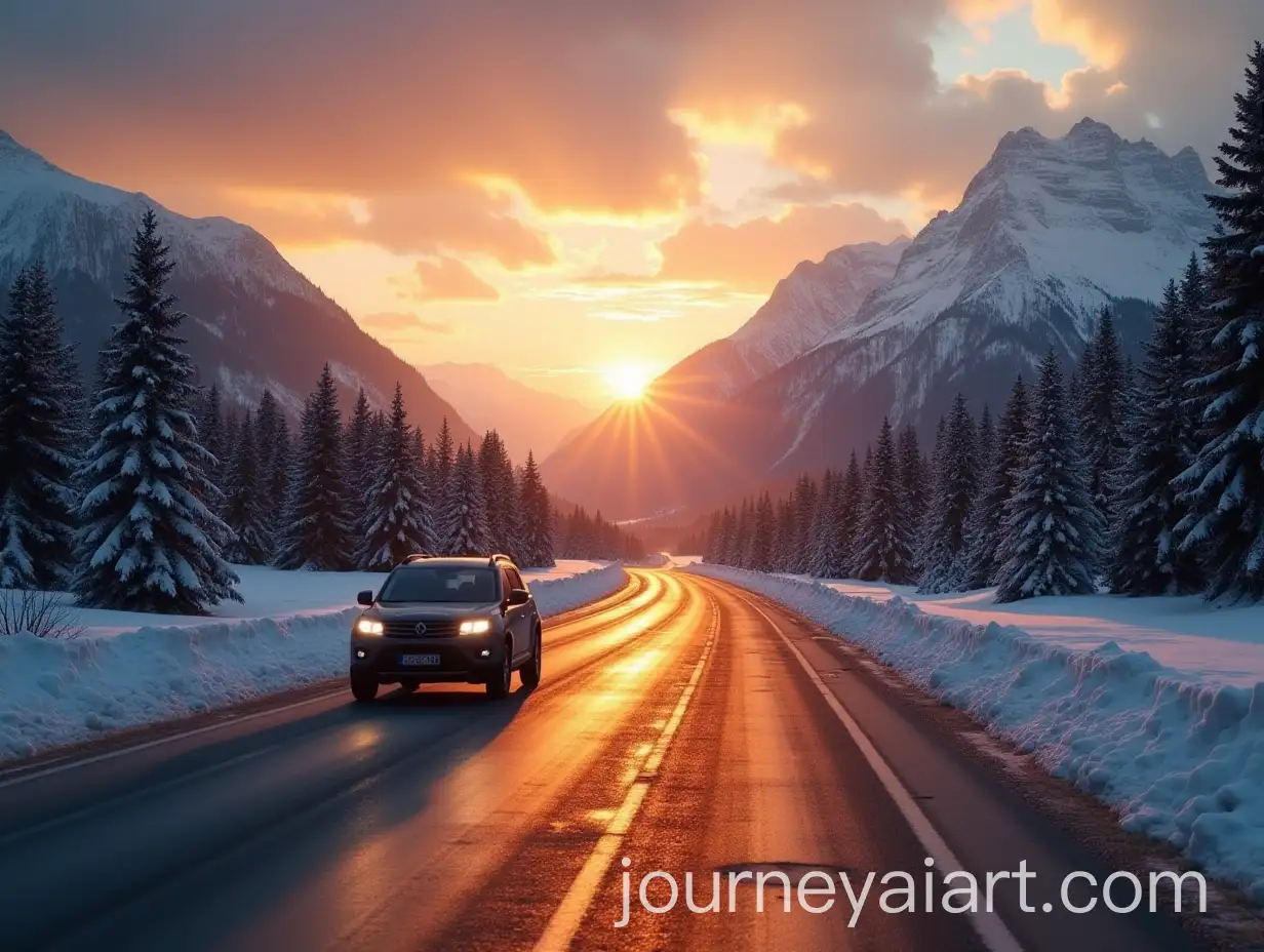 Car-Driving-Toward-Sunrise-on-Snowy-Mountain-Road-with-Good-Morning-Text