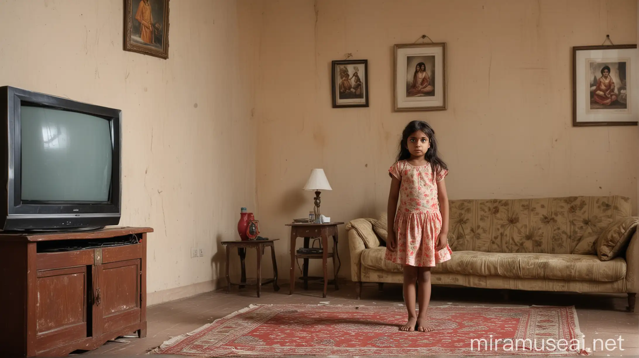 Unhappy Indian Girl in Drawing Room with Closed TV