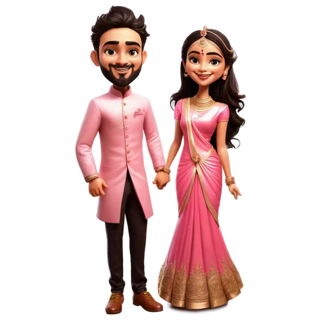 Maharashtrian-Wedding-Caricature-PNG-Bride-in-Pinkish-Saree-Groom-in-Traditional-Attire