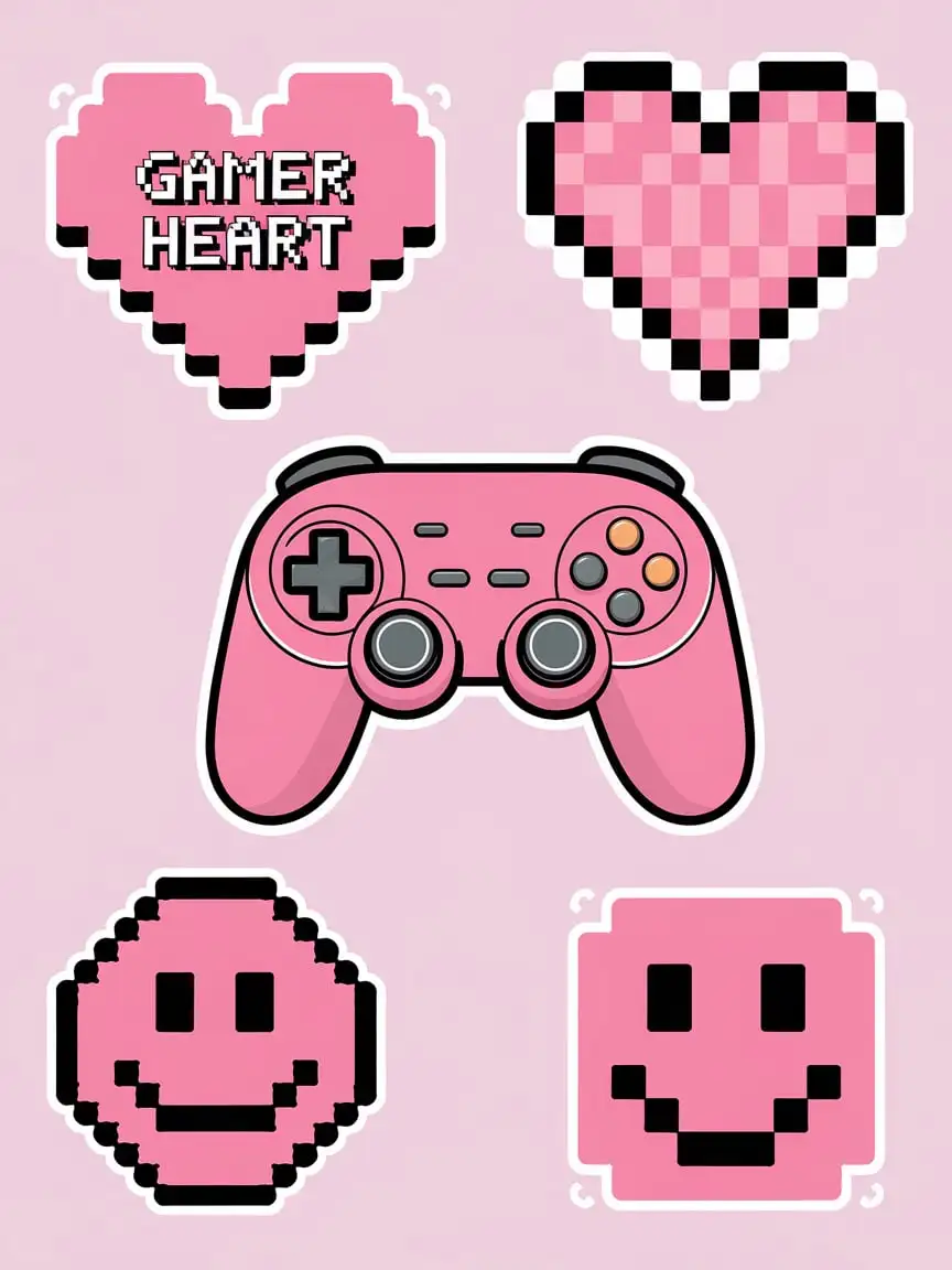 Vintage 90s Gamer Style Sheet of Stickers in Vague Pinks