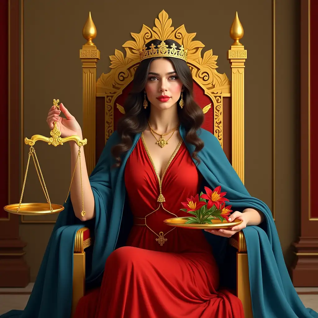 a woman around thirty years old, sitting on a golden throne, she wears a red dress and a blue cape, she has a golden crown, she holds a scale with plates in one hand, she holds ylang-ylang flowers in the other hand, she looks straight ahead