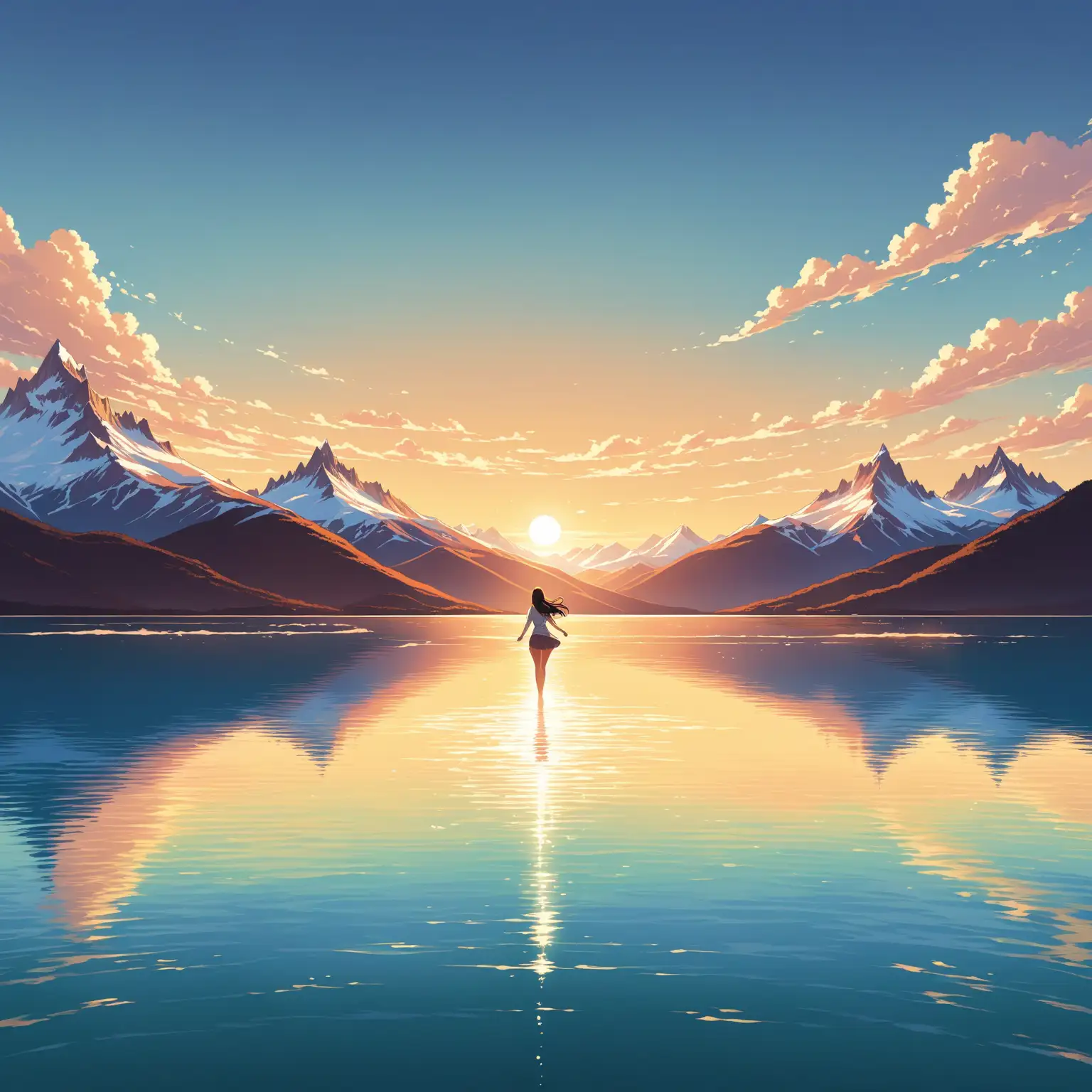 Create a creative minimal flat illustration of The stunning Patagonia landscape features a snowy mountain peak against a serene sky filled with soft, curly clouds glowing in the golden hour. Dynamic, long-exposure lighting adds a magical touch. In the foreground, a graceful brunette woman hovers above the crystal-clear lake, poised in an elegantly beautiful pose with her right foot touching the surface of the lake. The image is in the style of the anime artist Eiichiro Oda.