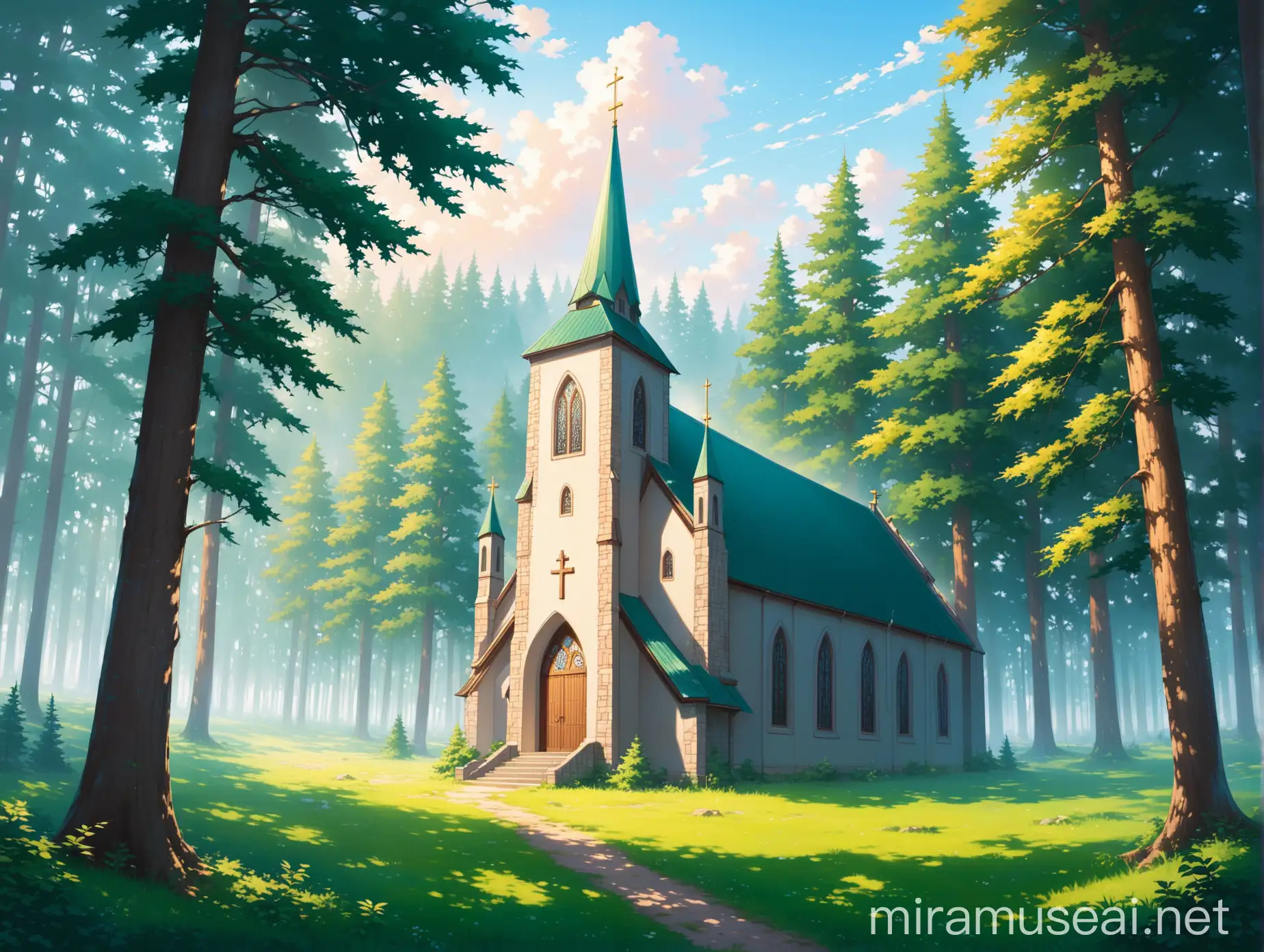 Majestic Church Surrounded by Enchanted Forest