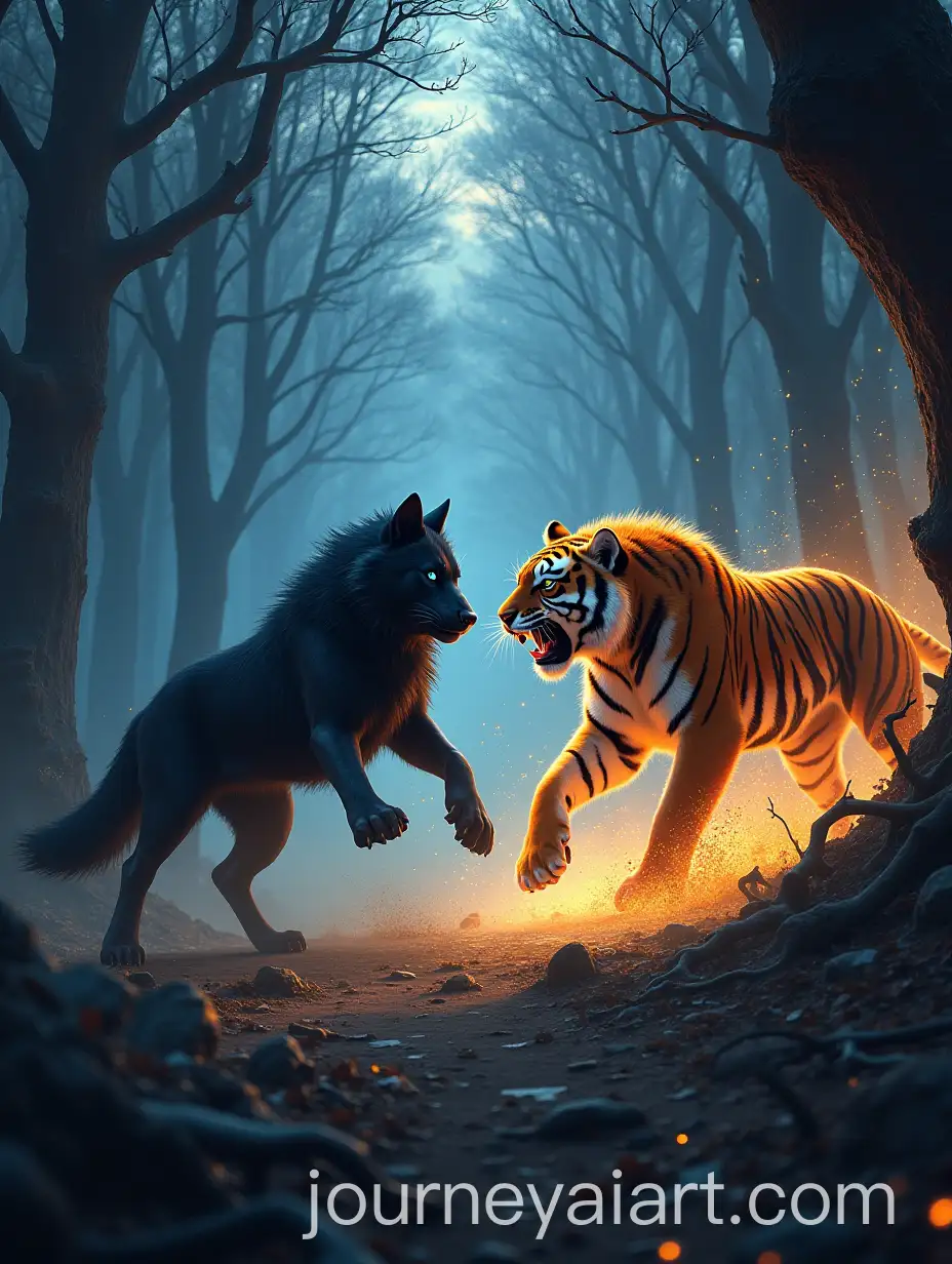 Epic-Battle-Between-Black-Wolf-and-Tiger-in-Enchanted-Forest