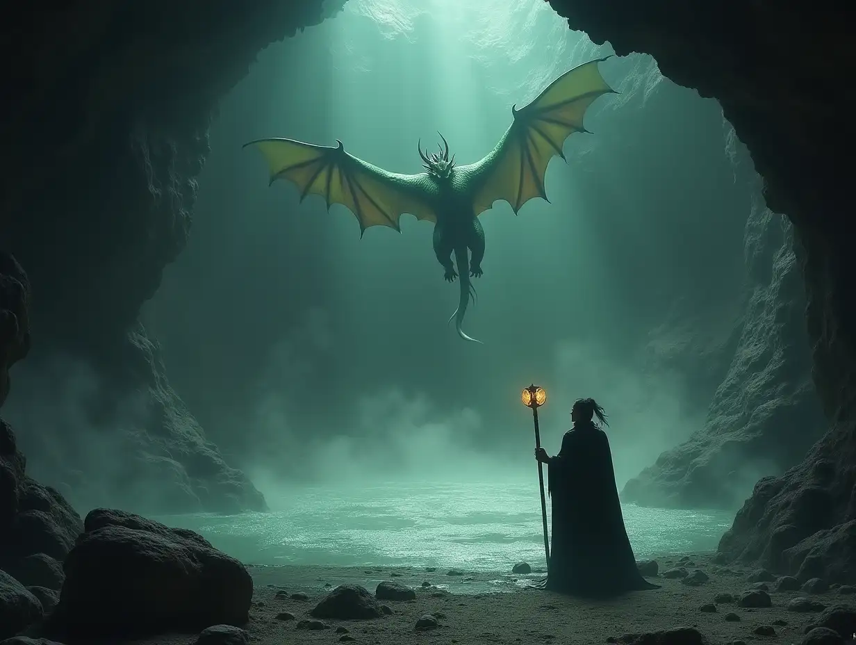 A dark gloomy scene in a cavern with mist on the ground, in the distance is a pool of glowing silver water, a green dragon is flying high above gimli, gimli is holding an abnormally large hammer that has a golden aura, gimli is facing the dragon