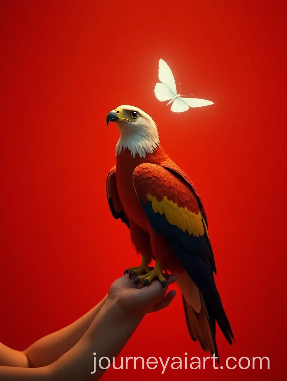 SpanishAI-Image-Prompt-Expansion-Imperial-Eagle-Perched-on-Female-Arm-with-Butterfly-in-Cinematic-Setting