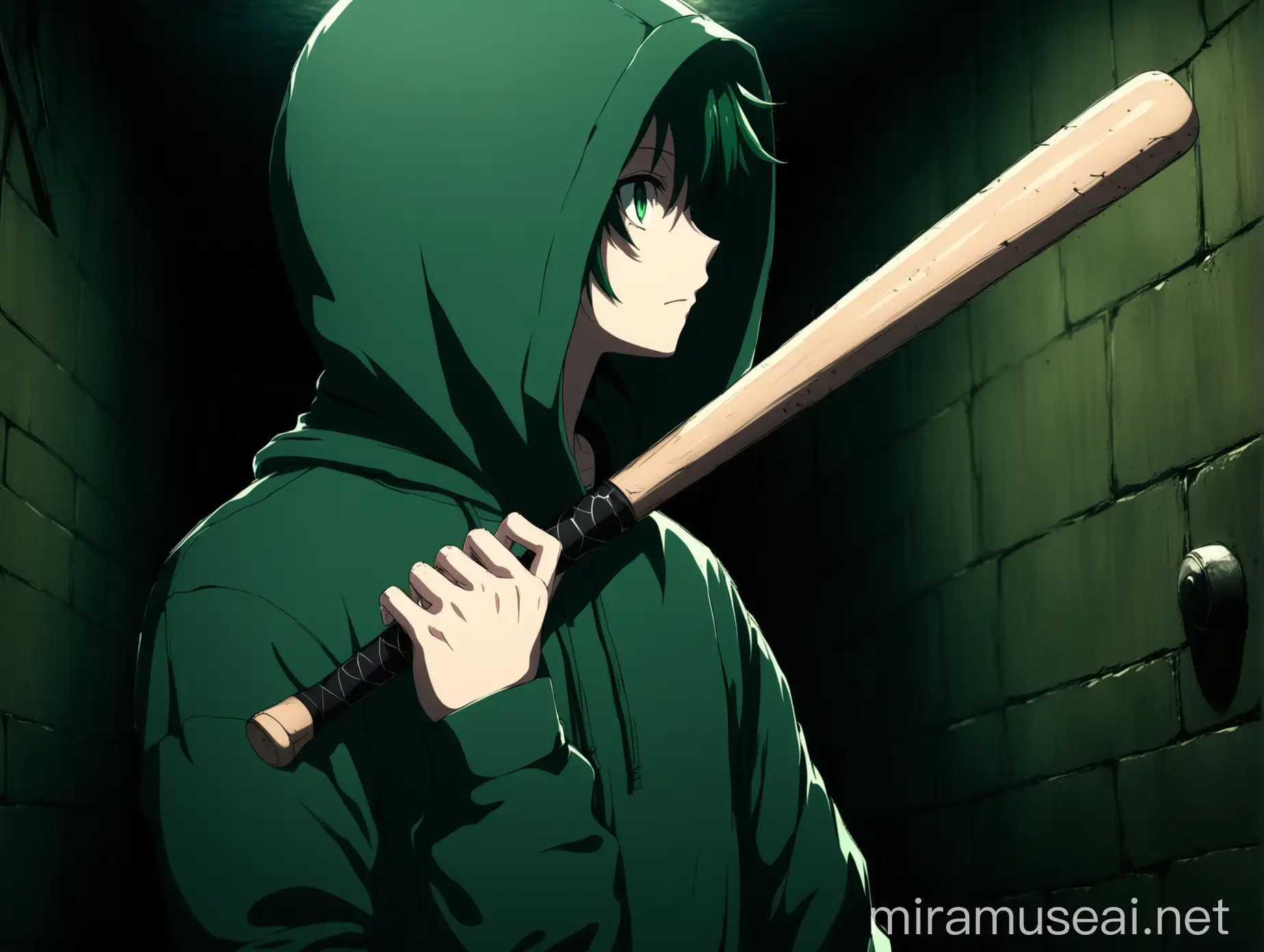 Anime Character Holding Baseball Bat in Dark Green Underground Room