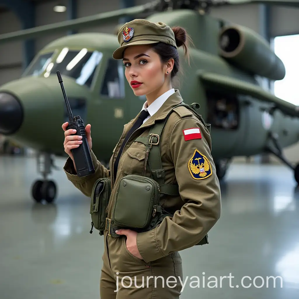 Russian-Military-Woman-in-Camouflage-Speaking-on-Radio-Next-to-Mi24-Helicopter-in-Hangar