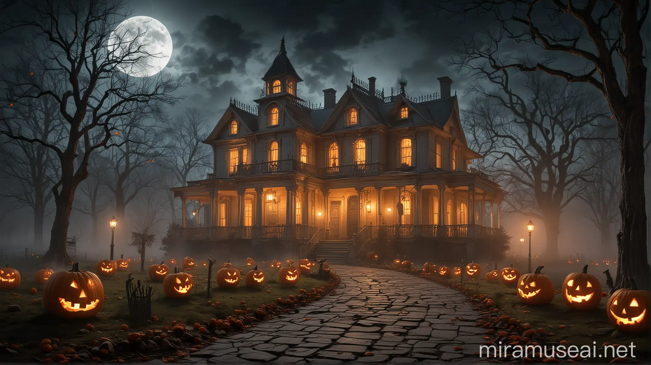 Eerie Haunted Mansion Scene with JackoLanterns and Mist