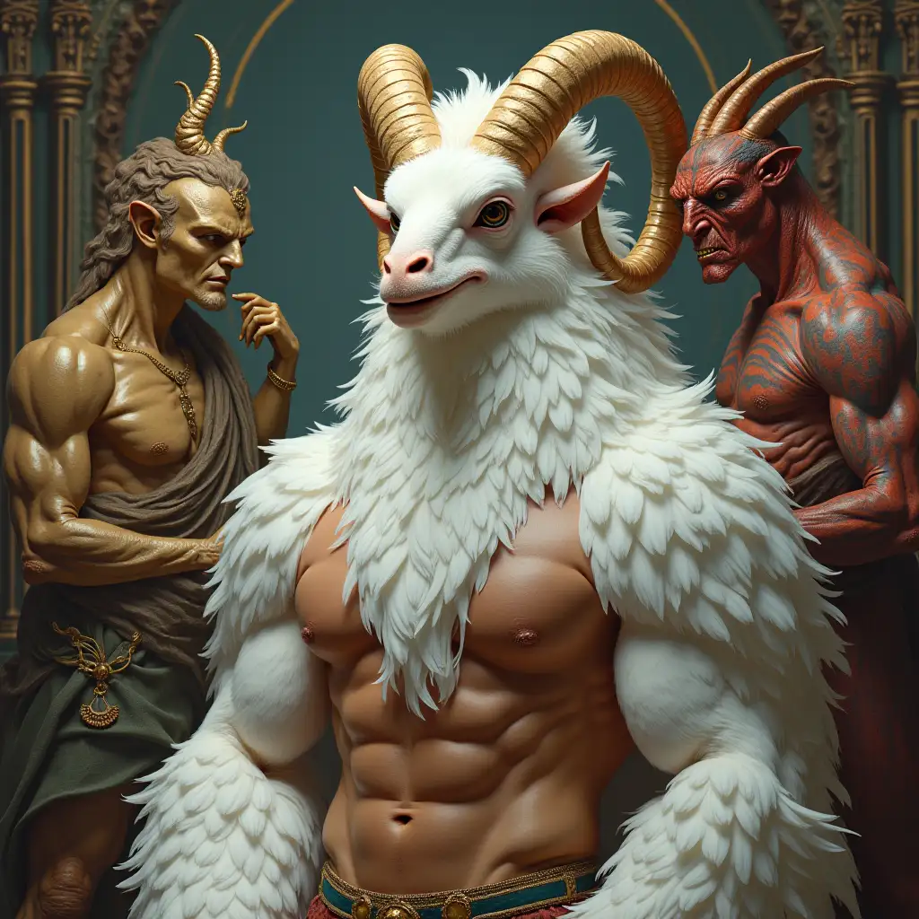 ultradetailed hyperrealistic portrait bodybuilder with capricorn head, full-bodied feathers white in a palace with various elaborate, colorful strange beings