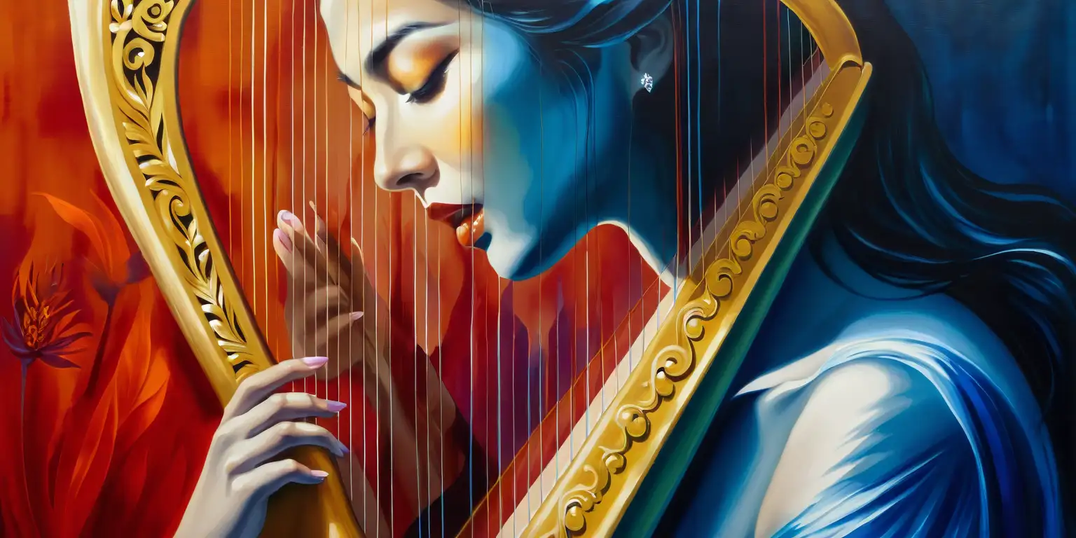 Elegant Woman Playing Harp in Romantic Evening Scene