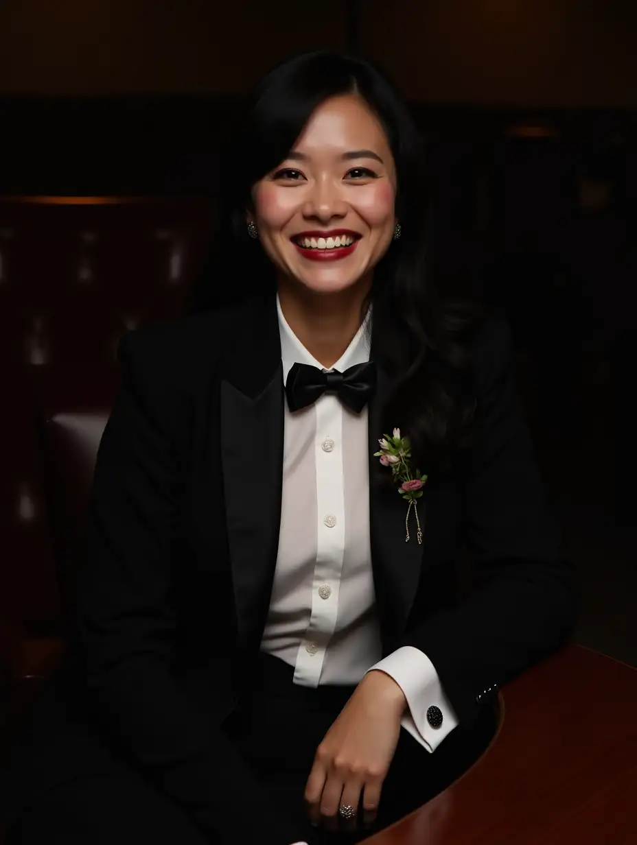 Elegant-Chinese-Woman-in-Tuxedo-Smiling-at-Dark-Table