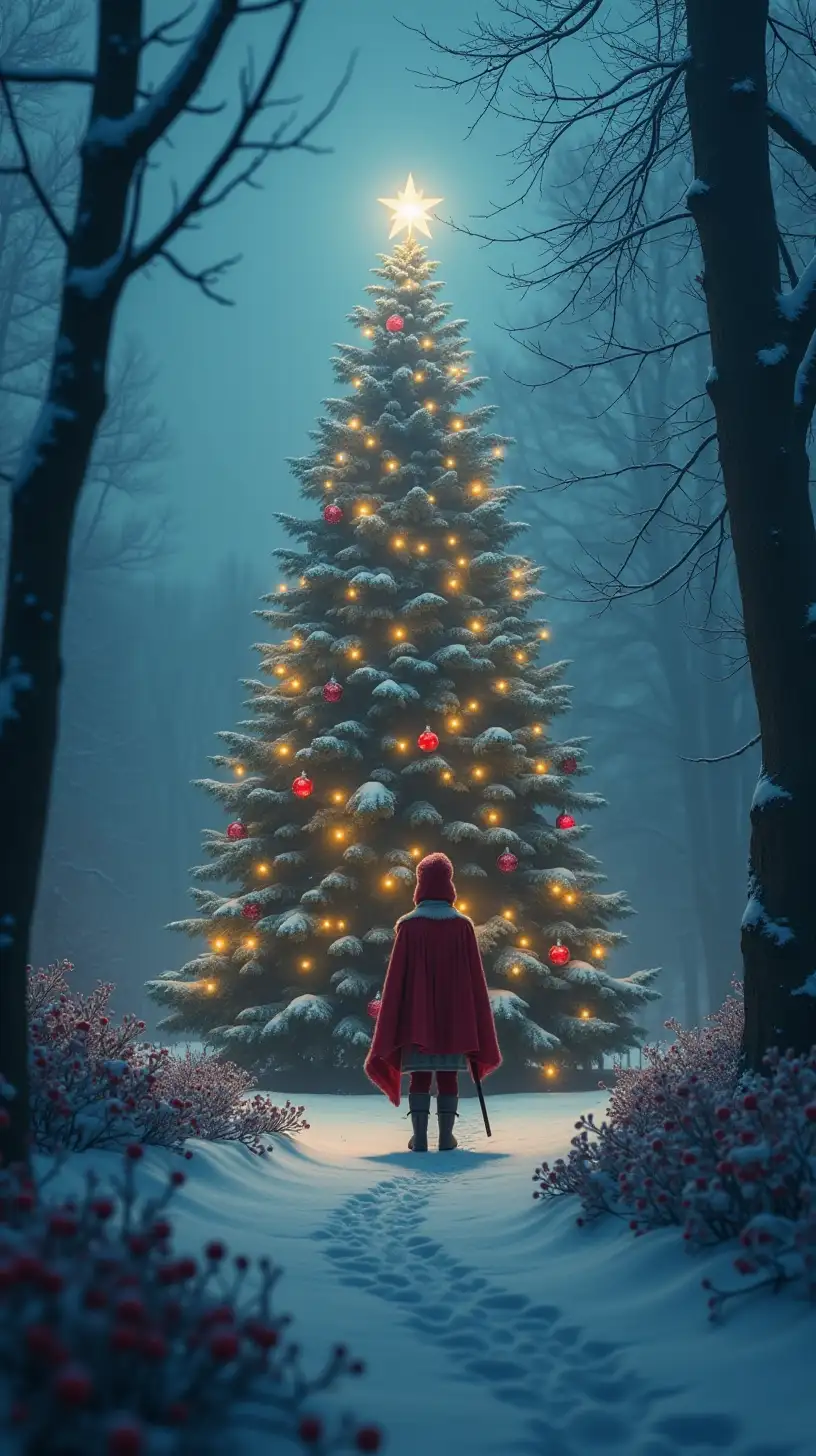 Enchanting Christmas Landscape with a Festive Demon in the Fog