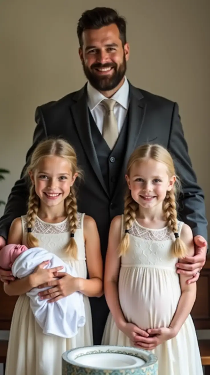 Father-and-Preteen-Daughters-with-Infant-at-Baptismal-Font-in-Christening-Gowns