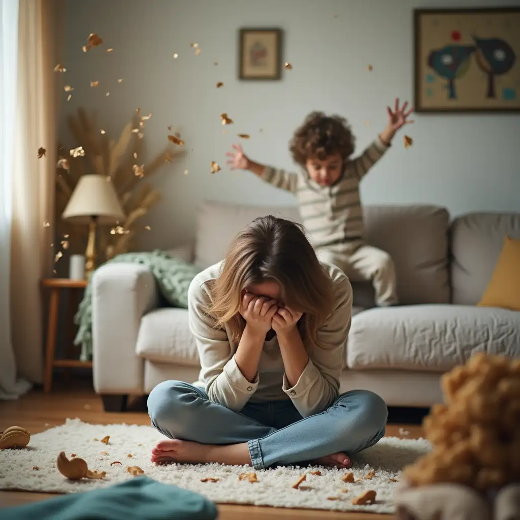 Mother-in-Distress-as-Child-Throws-Tantrum-in-Chaotic-Living-Room