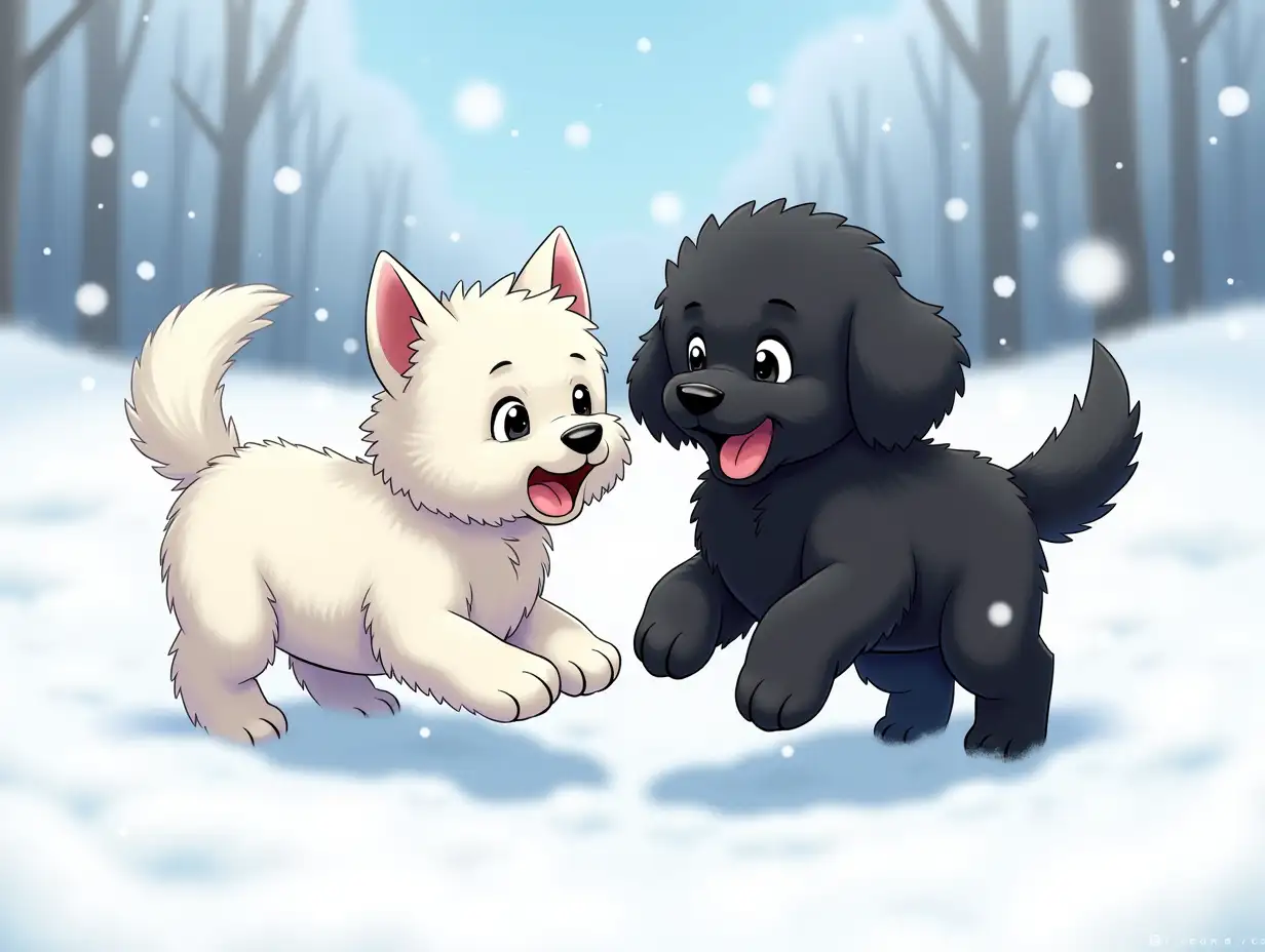 An anime style image of two dogs playing in the snow, one a Maltese terrier the other a black, straight haired labradoodle