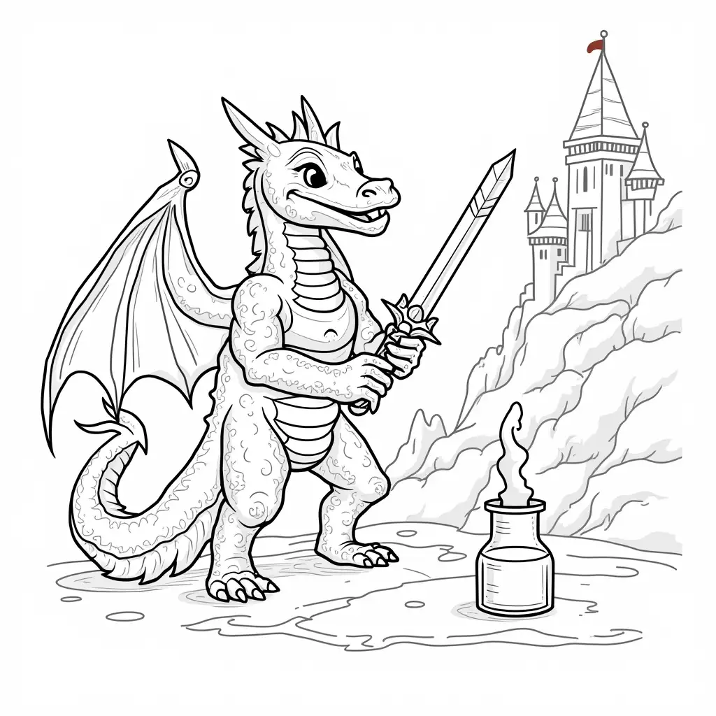 MinecraftStyle-Fantasy-Coloring-Page-with-Dragons-Swords-Castles-and-Potions
