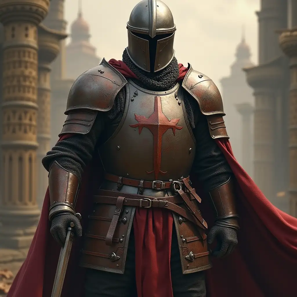 Paladin warrior in armor, mandalorian in the middle ages, photorealism