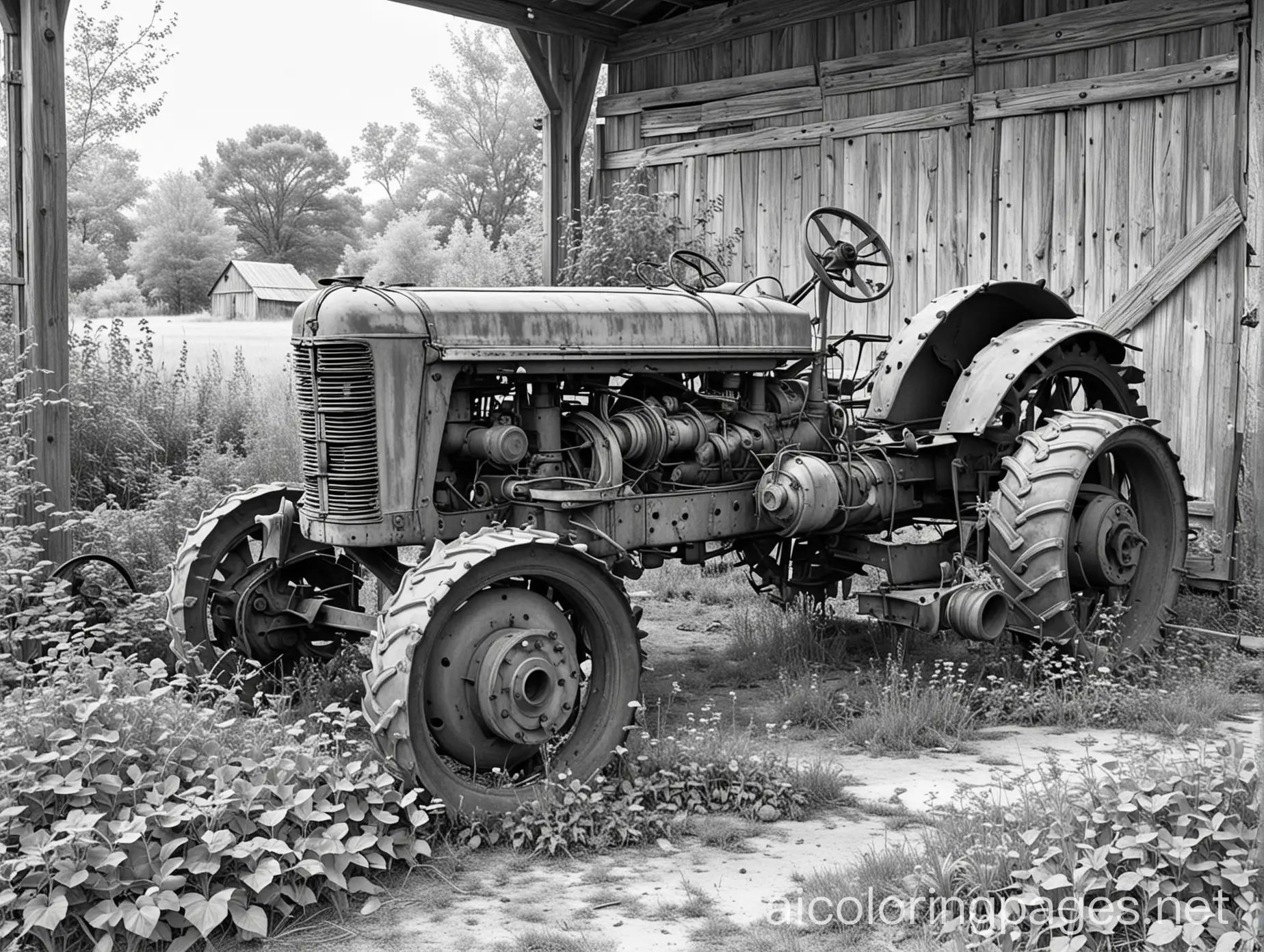 Abandoned-Ruined-Farm-Equipment-in-Derelict-Barn-Coloring-Page