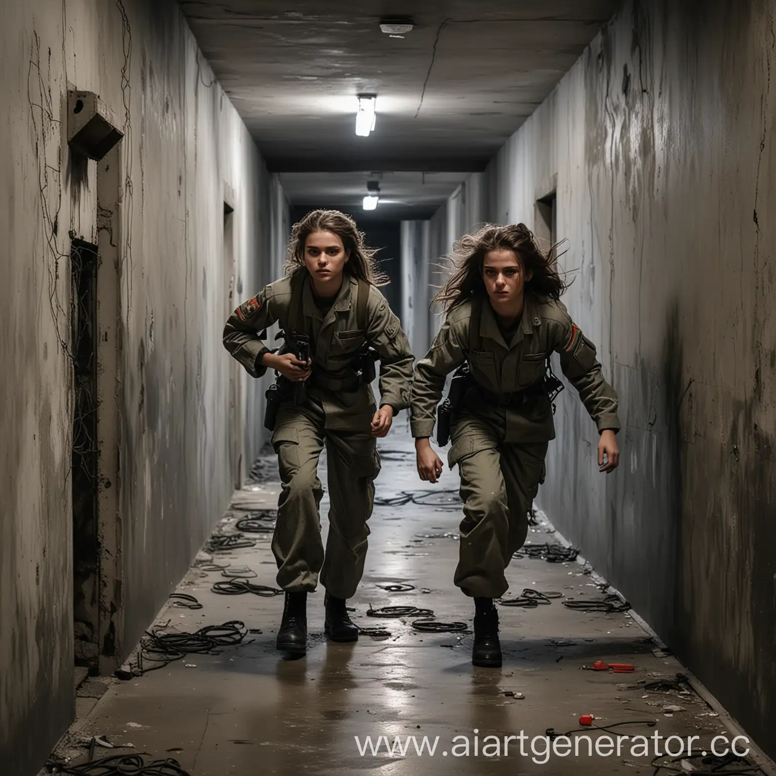 Two-Girls-in-Military-Uniform-Crawling-Along-Dark-Corridor-with-Automatics