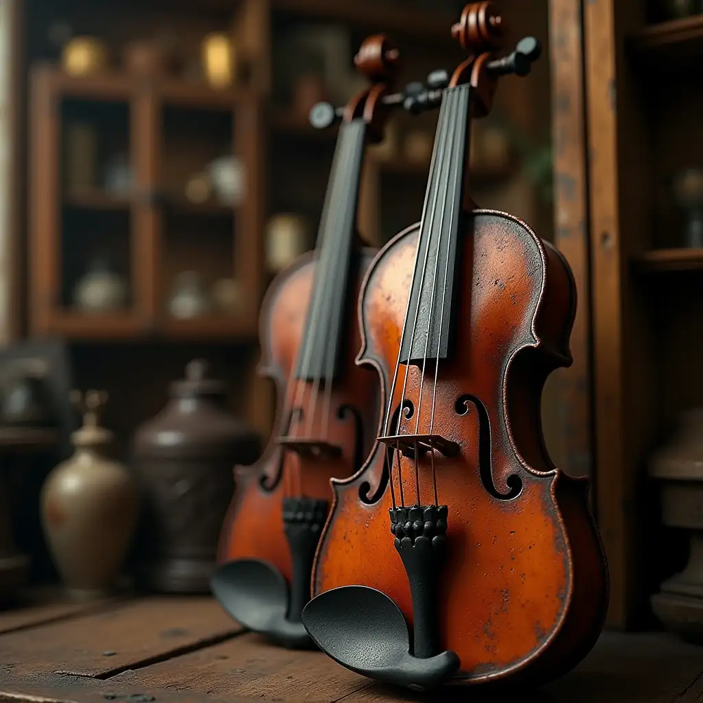 A photo of an old rusted violin sitting displayed in an antique shop. Photo-realistic, intricate, elaborate, vintage style, volumetric lighting, award-winning photography, 8K, UHD, UDR.