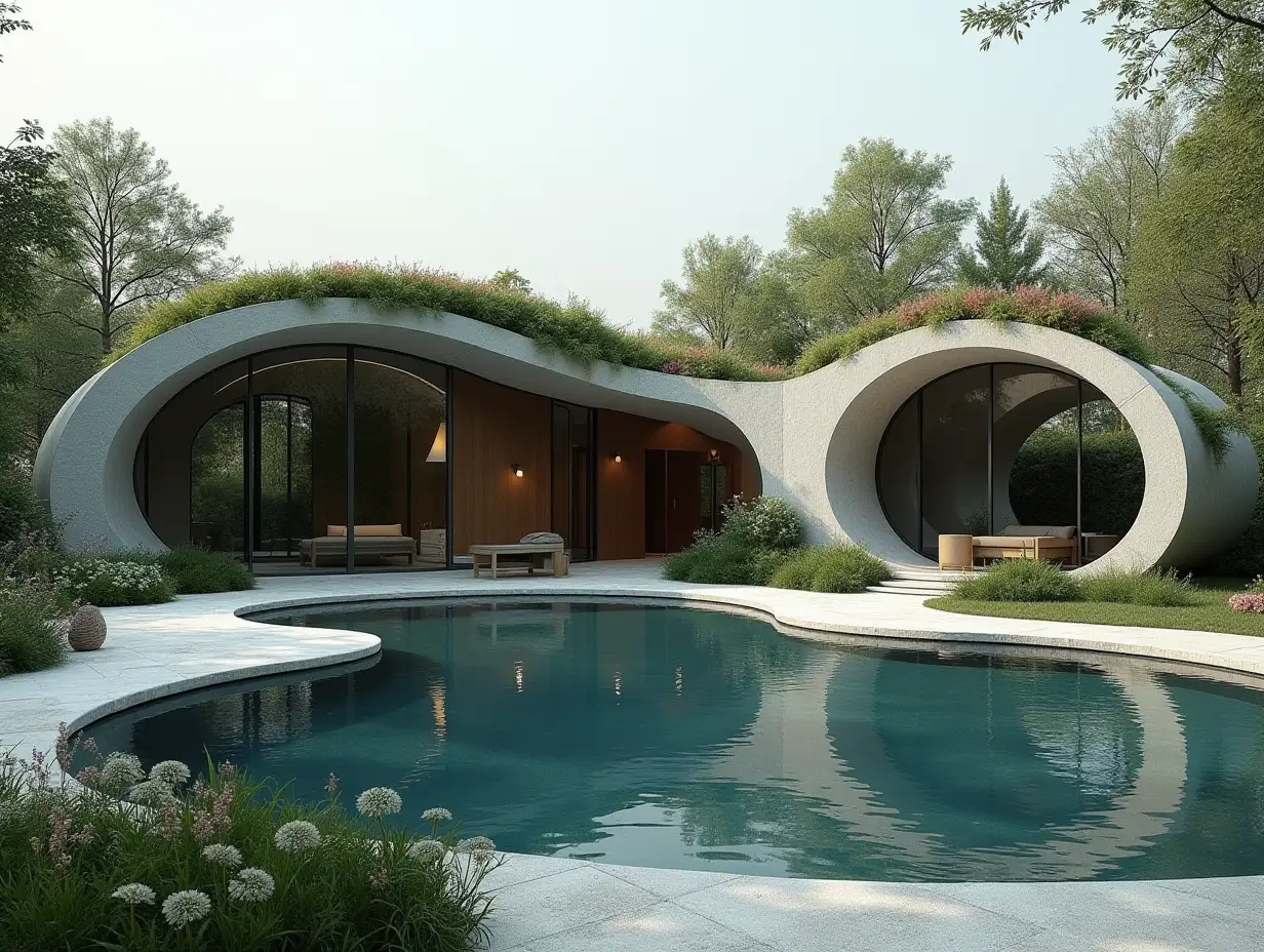 Curvilinear house with pond in gray-with stucco the roof is overgrown with plants in the form of plant ornaments, large windows with glass to the curved, smooth window shapes, winding large entrance staircase complex curved roof