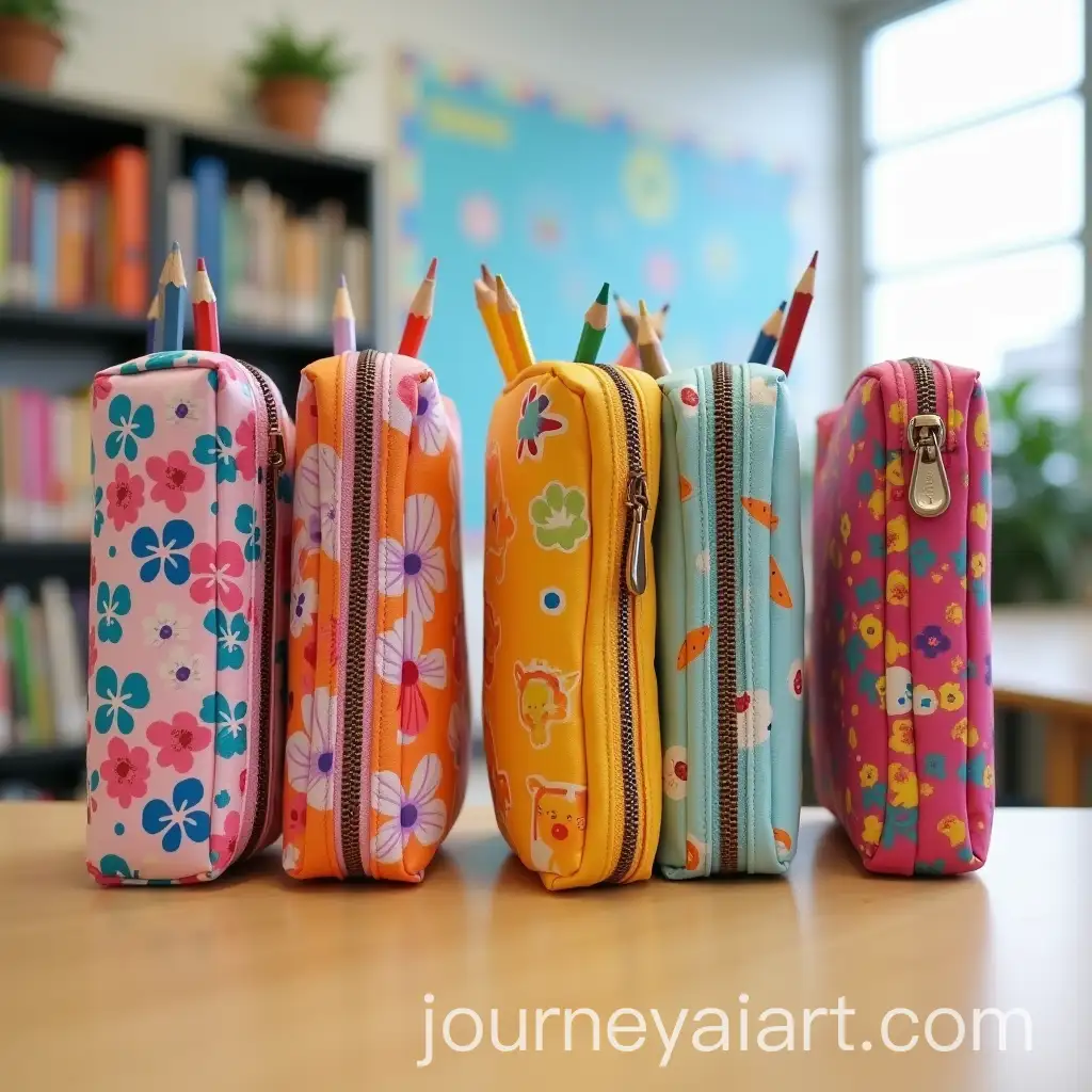 Colorful-Themed-Pencil-Cases-Arranged-on-Classroom-Desk