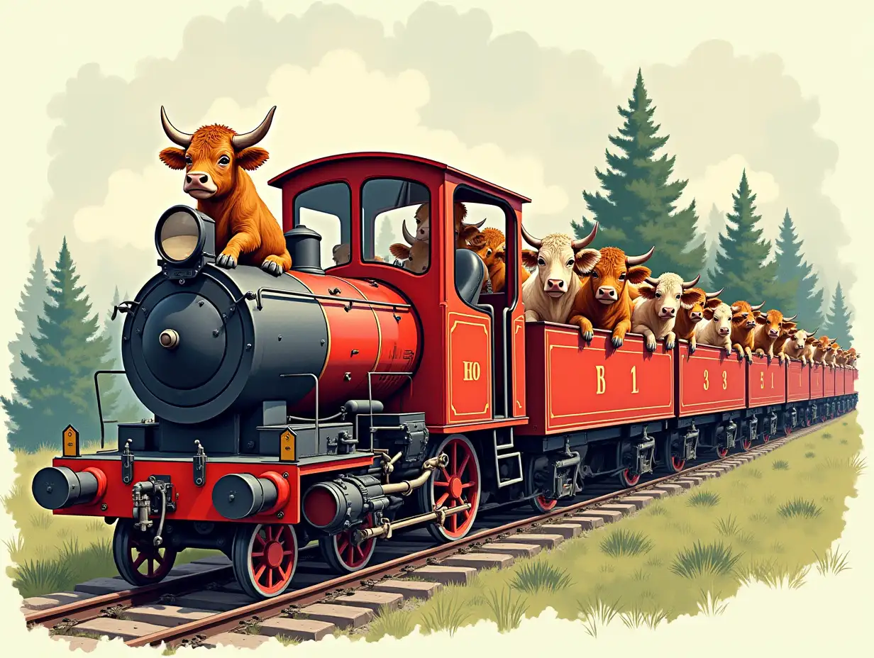 Vector. Create an image on Flux with a detailed image style and bold text. The image should feature a train with a cute baby Highland Cow driver and many cute baby Highland Cows passenger. The train should be on a track with trees in the background. The text should say 'I don't ride the crazy train, I drive it!'. oil paint ink . Fun