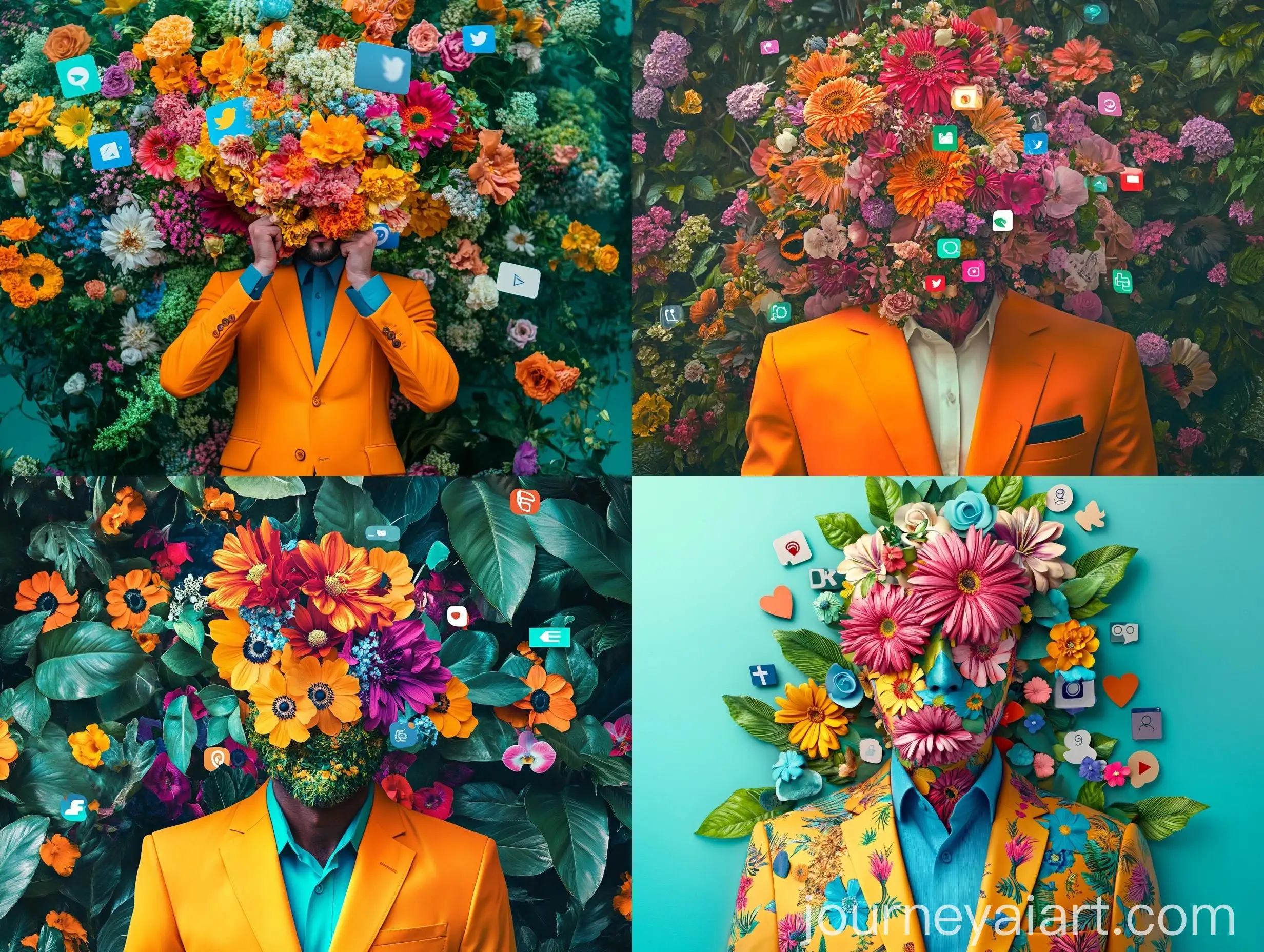 Man-in-Bright-Floral-Suit-Surrounded-by-Social-Media-Icons-and-Jungle-Elements