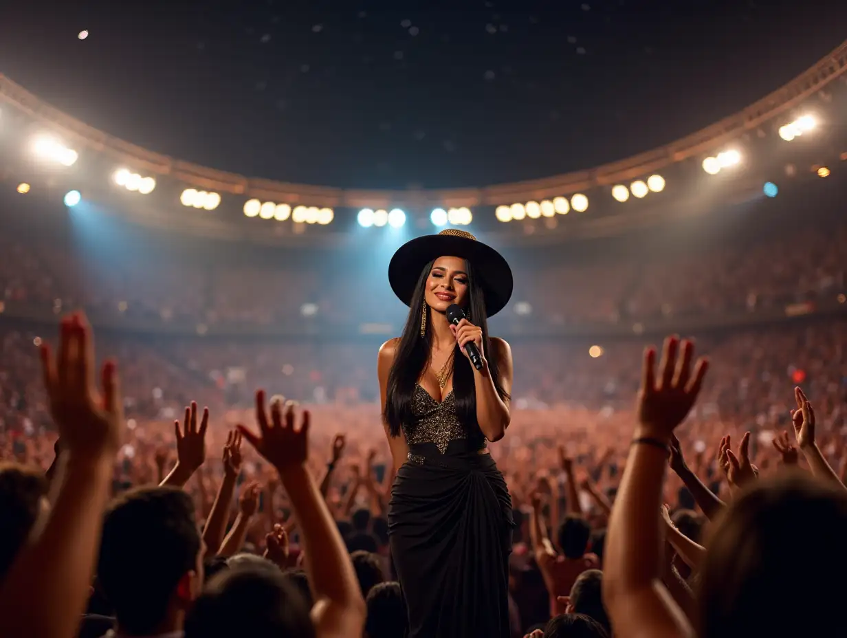 A young Latin woman of 35 years sings, she has long black straight hair. She has elegant features and natural makeup that highlights her beauty, with a touch of shine on her lips and subtle eyeliner. She wears an elegant modern outfit, with a long black dress and gold details, which matches a wide-brimmed hat with golden tones. She has long golden earrings and a discreet elegant necklace. She is in the center of a stage inside a stadium, holding the microphone while singing to her audience. The stage is lit with warm and dynamic lights, with smoke effects and flashes in a festive atmosphere. Large screens at the back show her live image, and the night sky is full of stars. Excited and happy spectators raise their hands and sing while enjoying the concert. The singer has an expression of happiness and energy, transmitting the passion of Latin music she performs.