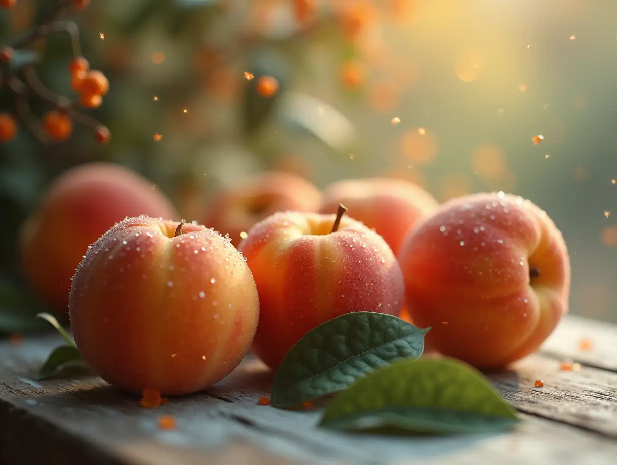 fantasy world, double exposure, botanical art, dewdrop as crystals, leaves, fresh georginas and peaches on the table, foliage, soft orange tones, blush, glow, detail, high resolution, muted tones, atmospheric, gently, sharpness, photorealism, cinematic image, blurred background