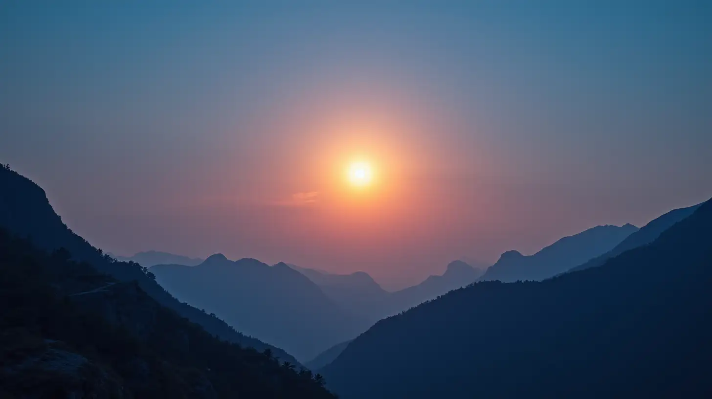 Mountainous Evening Scene with Sun and Moon in the Sky