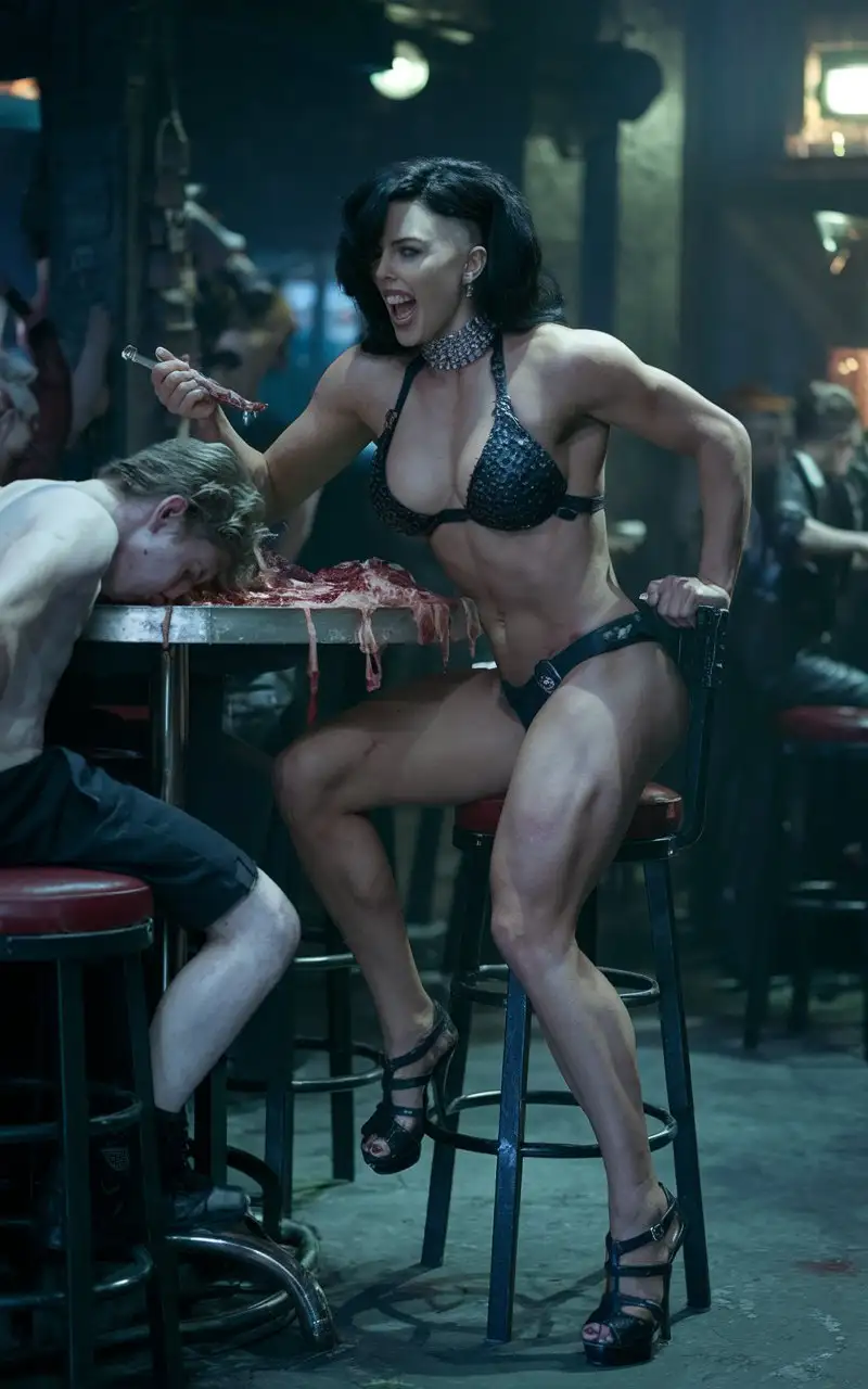 Bar For Monsters. Evil Angry Very beautiful bodybuilder vampire Charlize Theron In Sandals with high heels  with deep neckline sit at a high table,  thick thighs, indulging in a grisly feast of a young man.  Very aggressive look, cinematic, photo ,
 4k