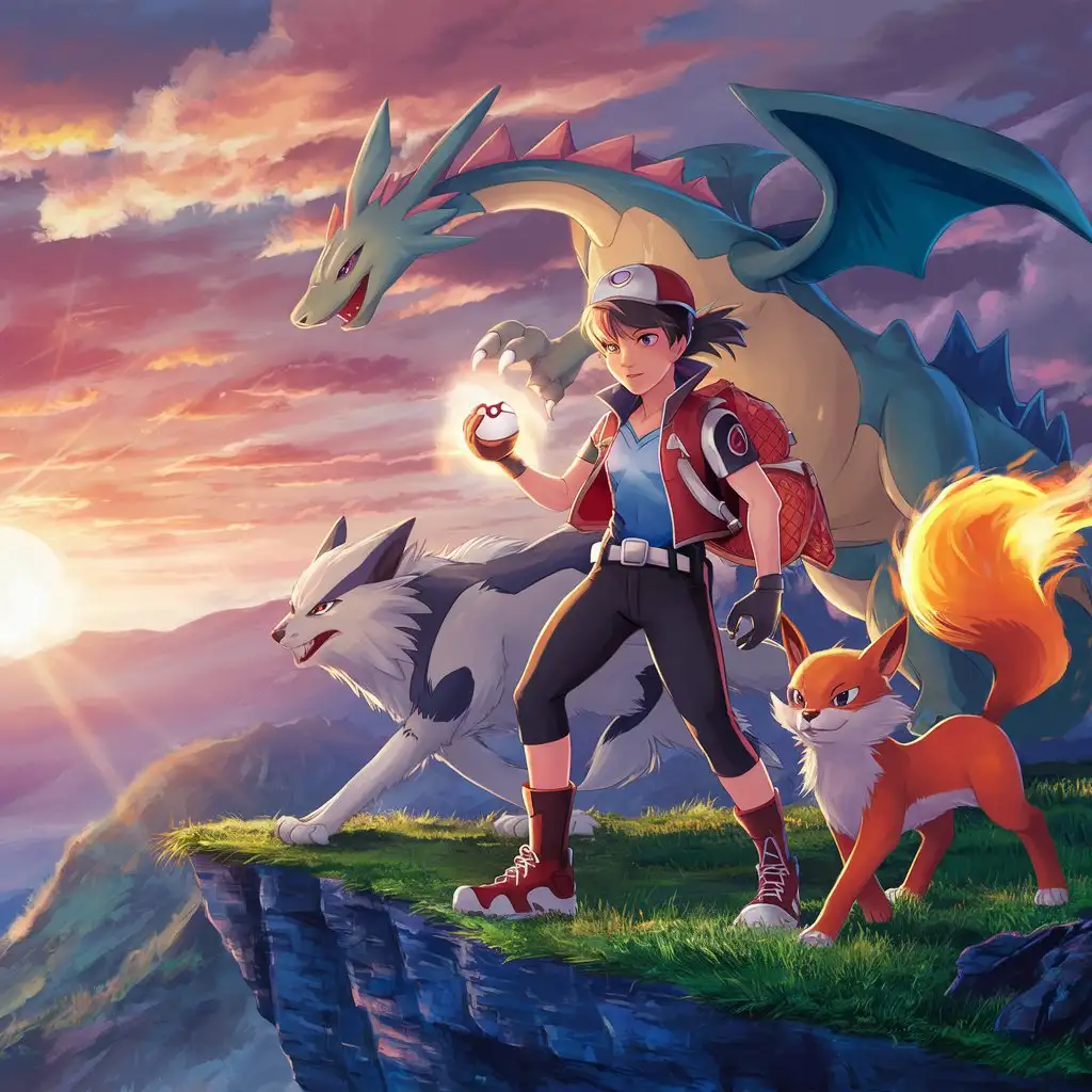 Epic-Pokmon-Hero-on-a-Rocky-Cliff-Overlooking-Glowing-Landscape-with-New-Pokmon-Companions