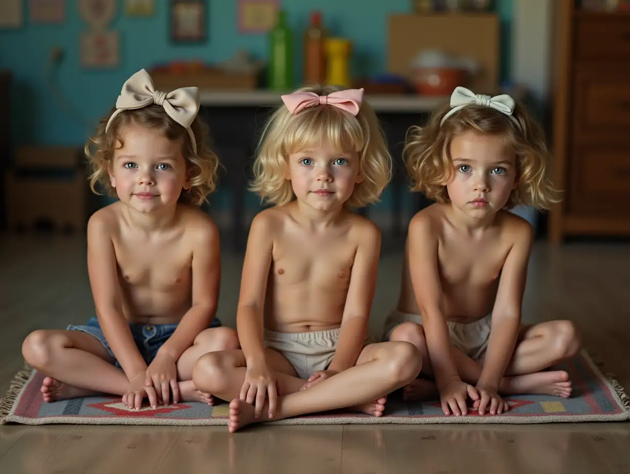 Three-Skinny-Little-Girls-with-Wavy-Hair-and-Blue-Eyes-Sitting-on-a-Rug-in-a-Classroom