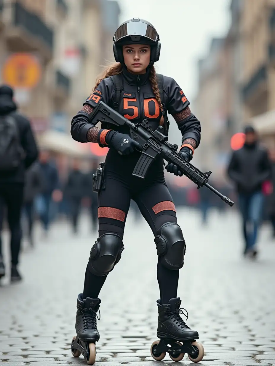 a 17 year old airsoft geared woman at a distance, she is skating on a street, holding a weapon, ordinary people in background, clothes have racing colors, she is wearing lots of functional sportswear, cycling gloves, airsoft helmet with transparent visor over eyes, smartwatch, thick plastic knee pads, modern inline skates with complete organized wheels