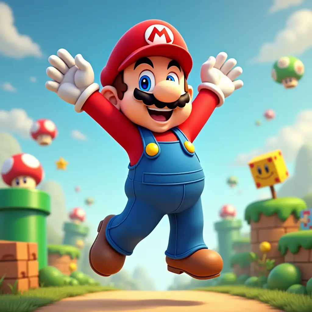 Create an image of a 5-year-old boy, named Hugo, transformed into Super Mario. He’s wearing the iconic red hat with the 'M' symbol, a red shirt, blue overalls, and brown shoes. Hugo has a joyful expression on his face, with his arms raised as if he's jumping or celebrating a victory. The background is a vibrant, classic Super Mario world, with floating blocks, green pipes, and colorful mushrooms. The scene should have a playful, cartoonish feel, capturing the fun and adventure of the Mario universe.