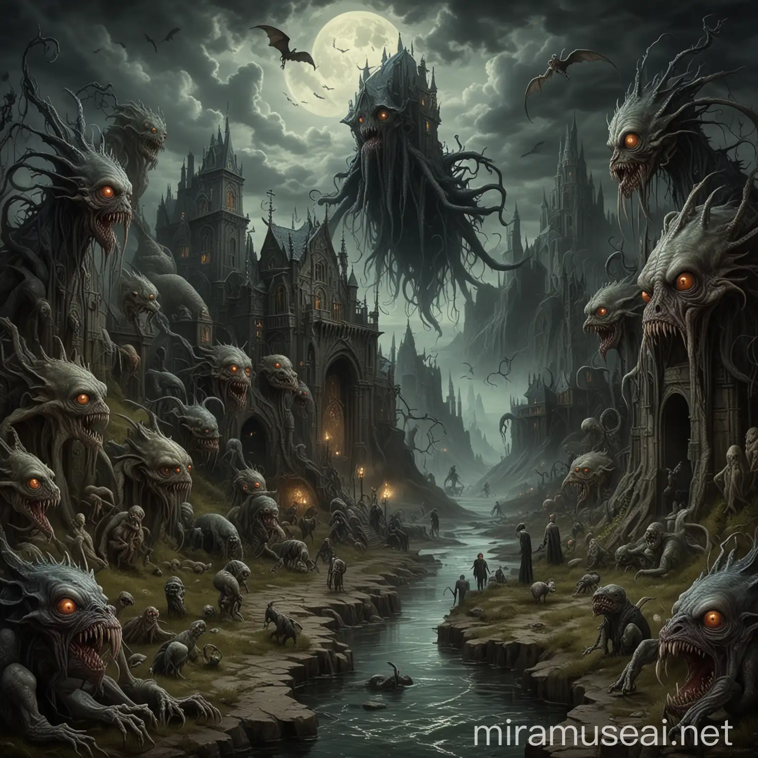 Monstrously Horrifying Creatures in Gothic Landscape