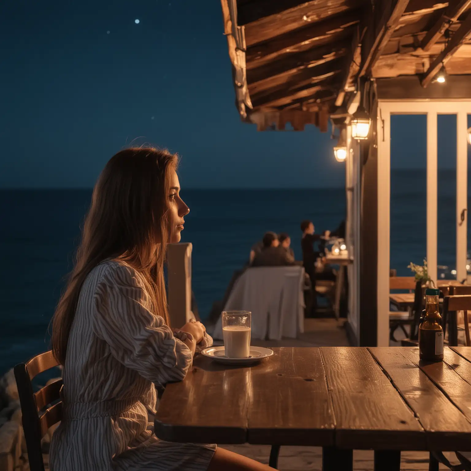 generate a girl who is sitting at a restaurant table, looking at the night sea. side view, view of the girl from afar