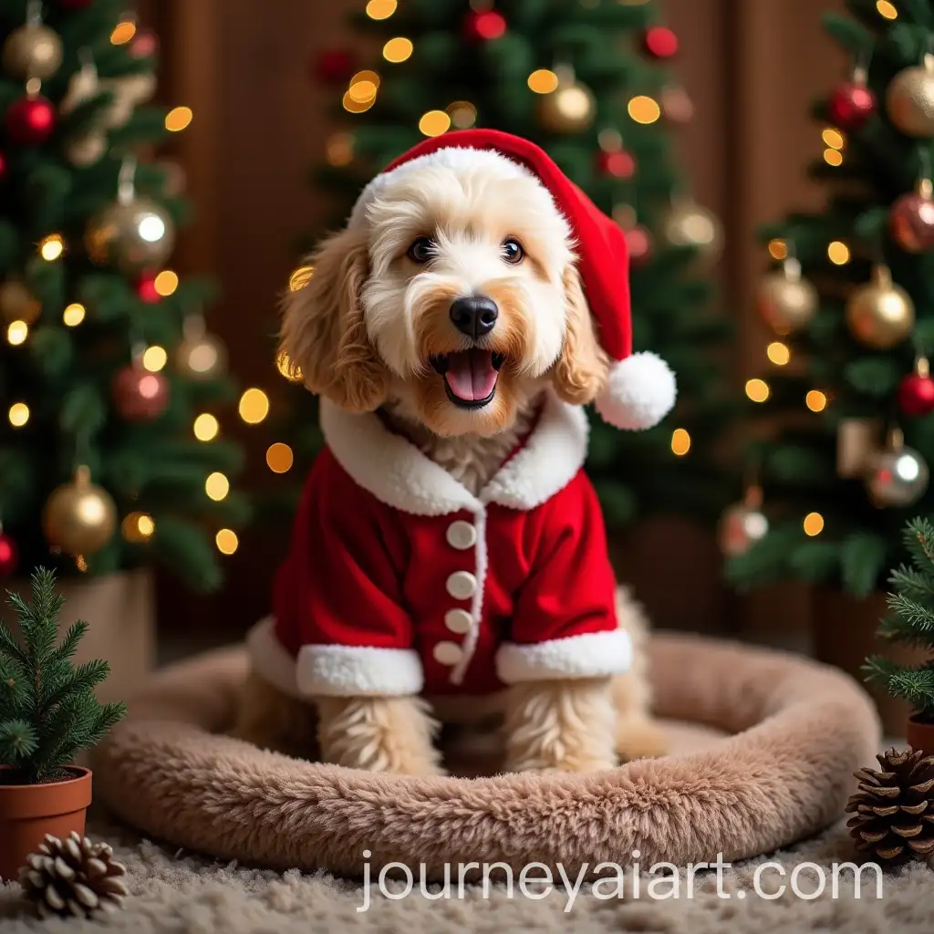 Labradoodle-Dog-in-Santa-Costume-Surrounded-by-Christmas-Trees
