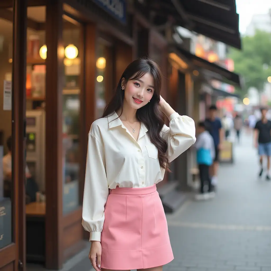 A beautiful woman in a pink skirt, with a face that meets East Asian aesthetics, posing for photos in front of a coffee shop on a commercial street, showing off her clothes like a fashion model.