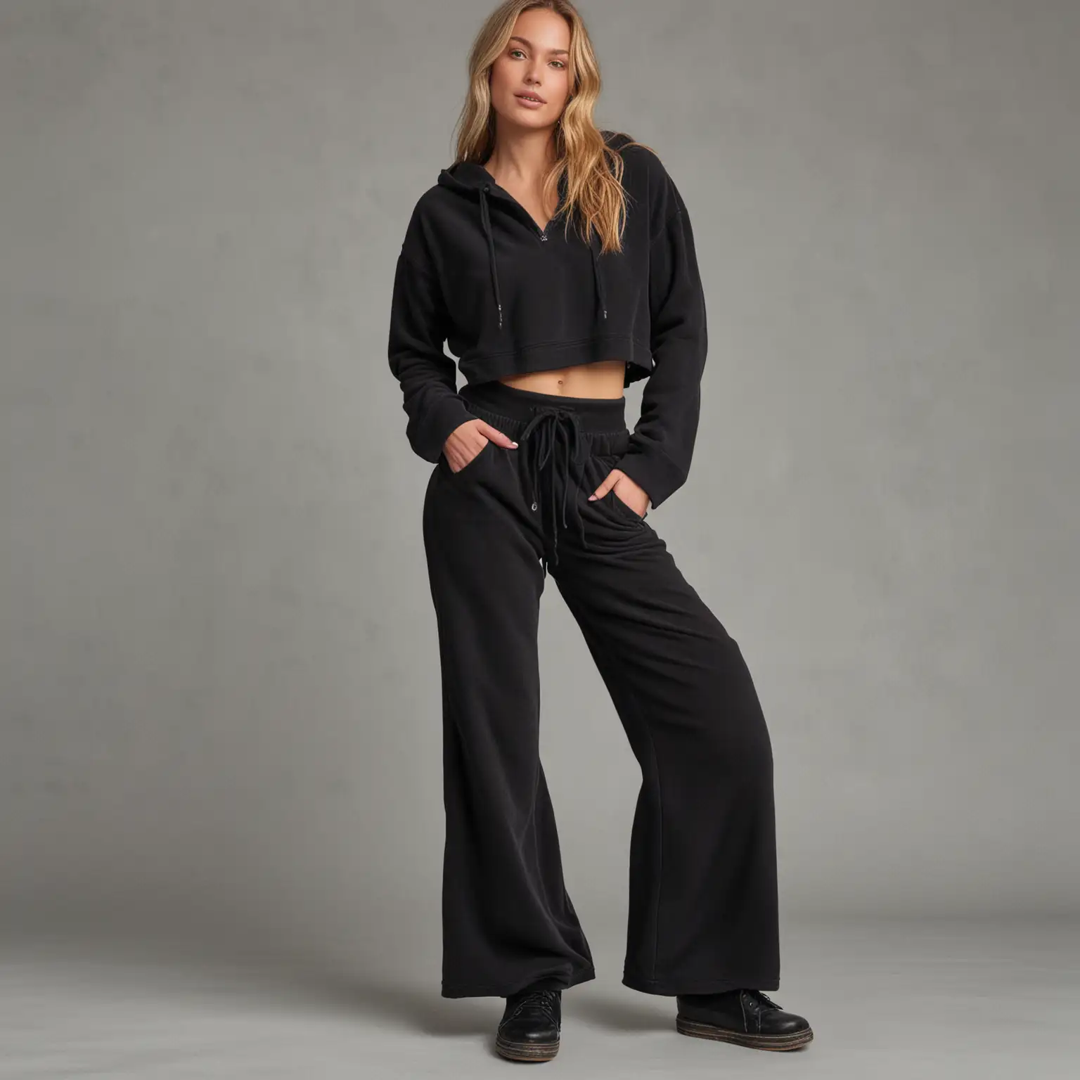 Stylish Women in HighWaisted Black Fleece Pants and Crop Hoodie