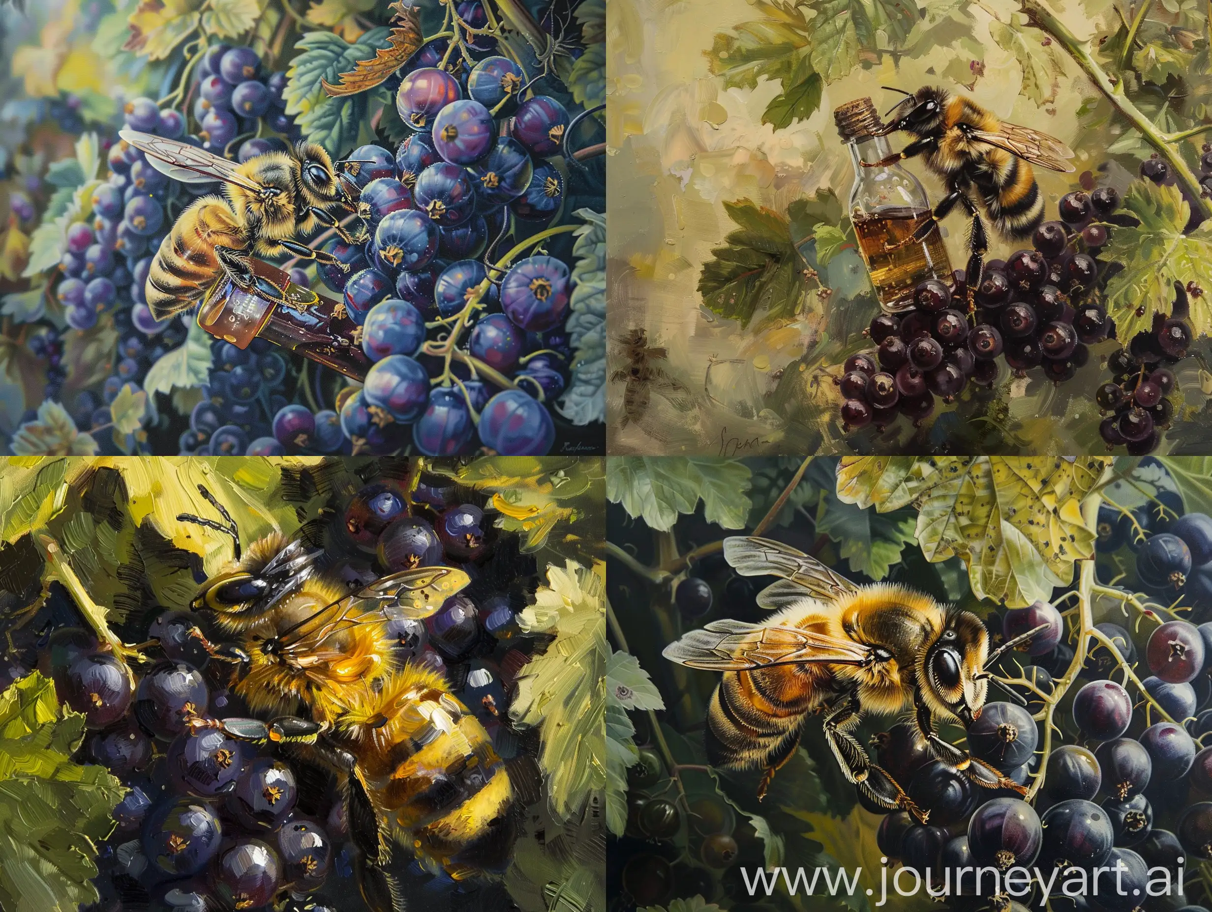 Bee-with-Bottle-of-Honey-Drink-in-Black-Currant-Bush-Oil-Painting